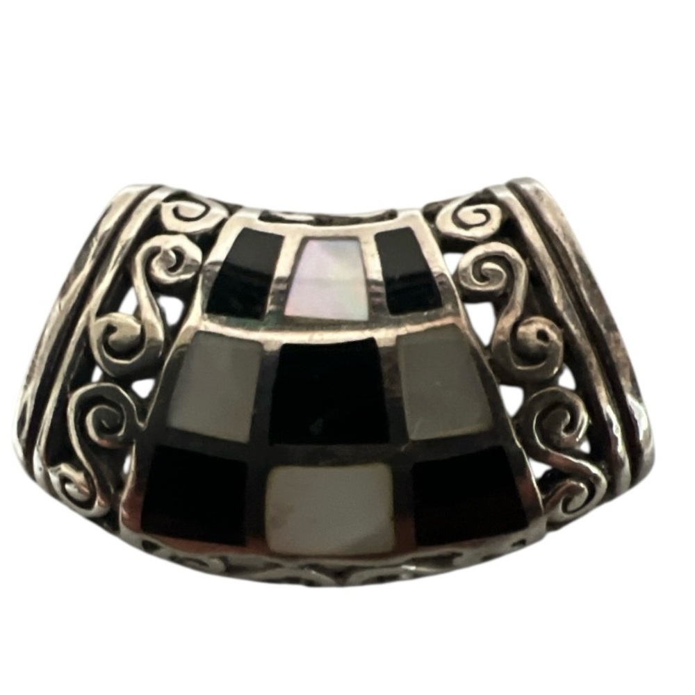 Elegant Black Onyx and Mother of Pearl Sterling‎ Silver Mosaic Pendant